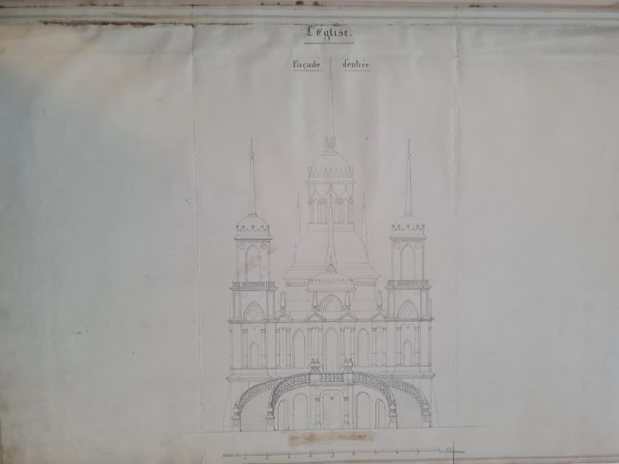 Усадьба Быково (Марьино). с. Быково. Раменский р-н, Московская обл. Владимирская церковь. Западный фасад. Лист из альбома "Plans de tous les batimens a marieno appatrenant a son excellence monsieur le comte Woronzoff Dachkoff"., 1850-е г