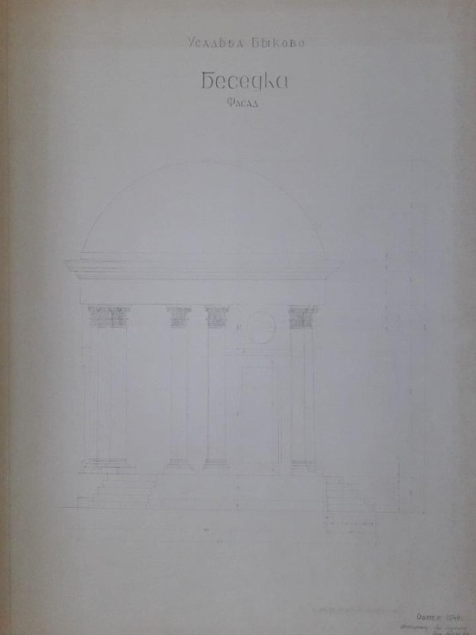 Беседка-ротонда. Усадьба Быково (Марьино). Конец ХVШ в. Московская обл., Раменский р-н, с. Быково. Усадьба Быково (Марьино). Беседка-ротонда. Фасад, 1946