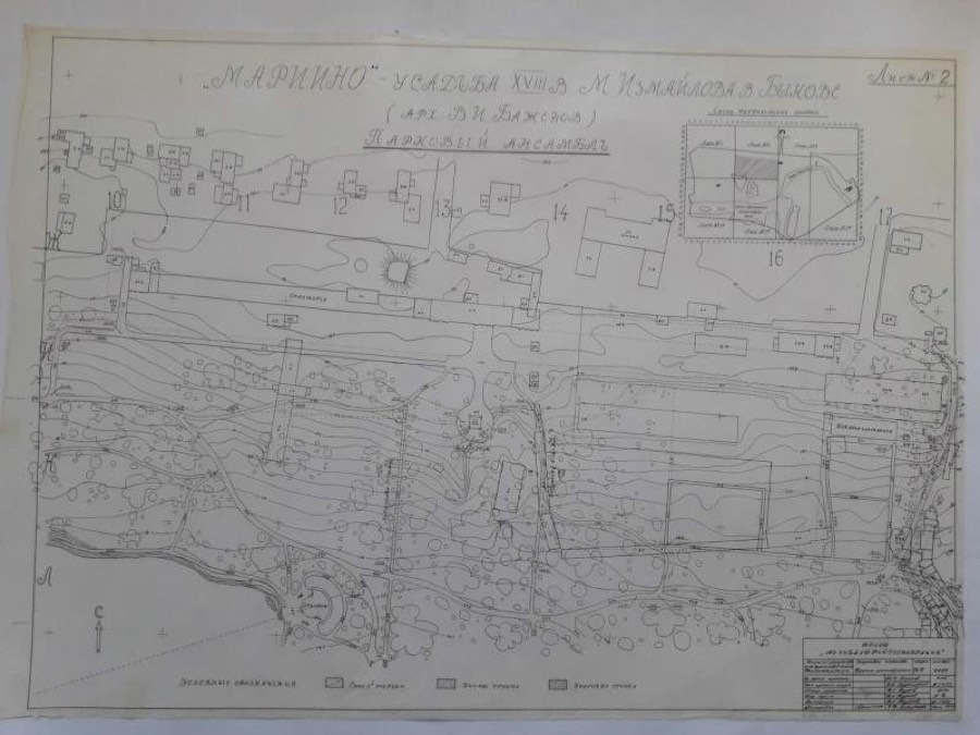 Генеральный план паркового ансамбля (верхняя часть чертежа Р V 6715/1). М. 1:500. Масштаб М. 1:500, 1977